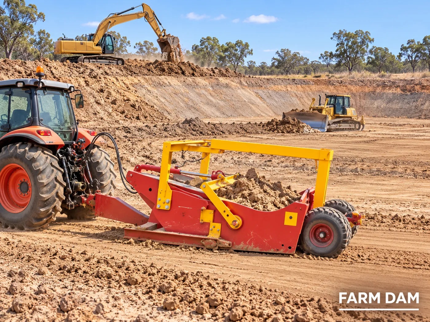 Red scraper finishing a farm dam — application concept