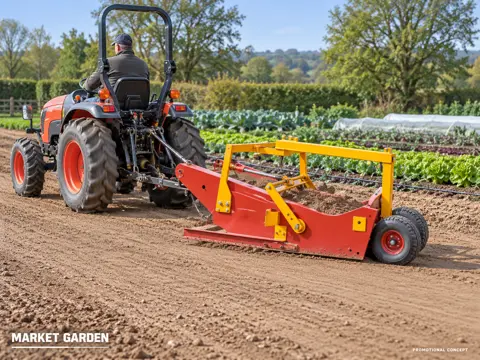 Red scraper shaping market garden soil — application concept