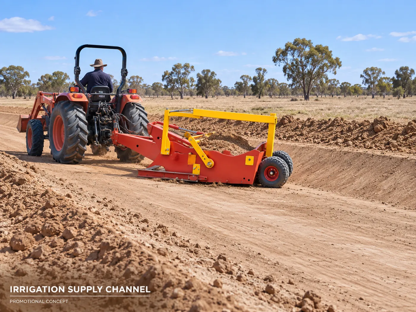 Compact Tractor Shaping a Dry Irrigation Channel — application concept