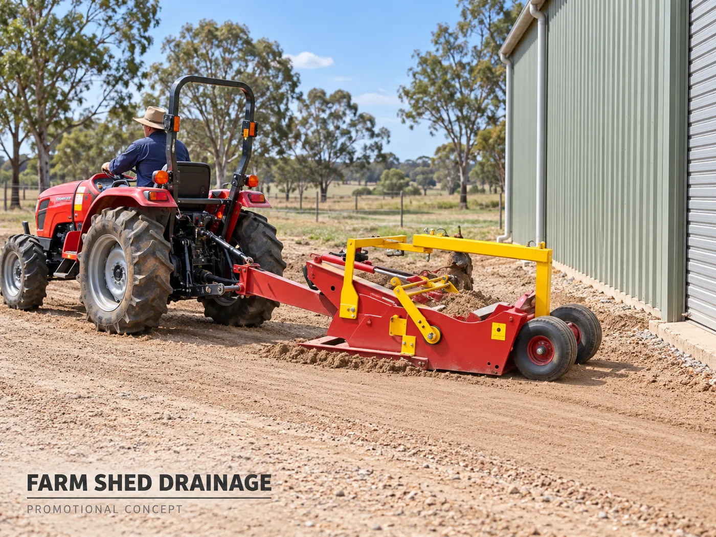 Tractor and scraper grading shed drainage — application concept