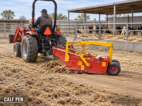 Red Scraper Cleaning a Calf Pen — application concept