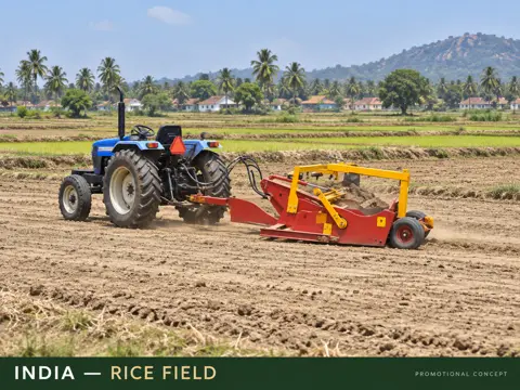 Tractor scraper levels dry Indian rice field — application concept