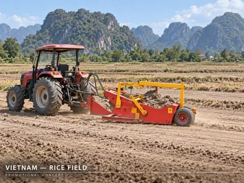 Tractor scraper in a Vietnamese rice field — application concept